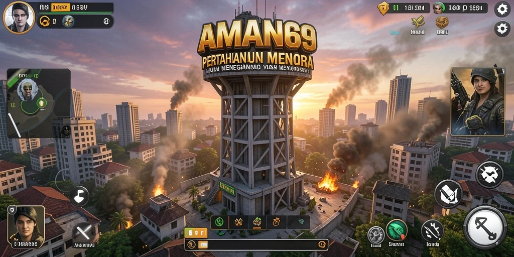 Tampilan gameplay menara pertahanan di AMAN69 yang menarik.