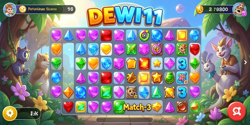 Gameplay DEWI11 yang penuh warna dalam skema Match-3.