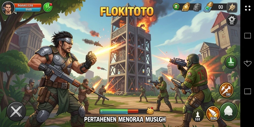 Menara menghadapi serangan musuh dalam game Tower Defense.